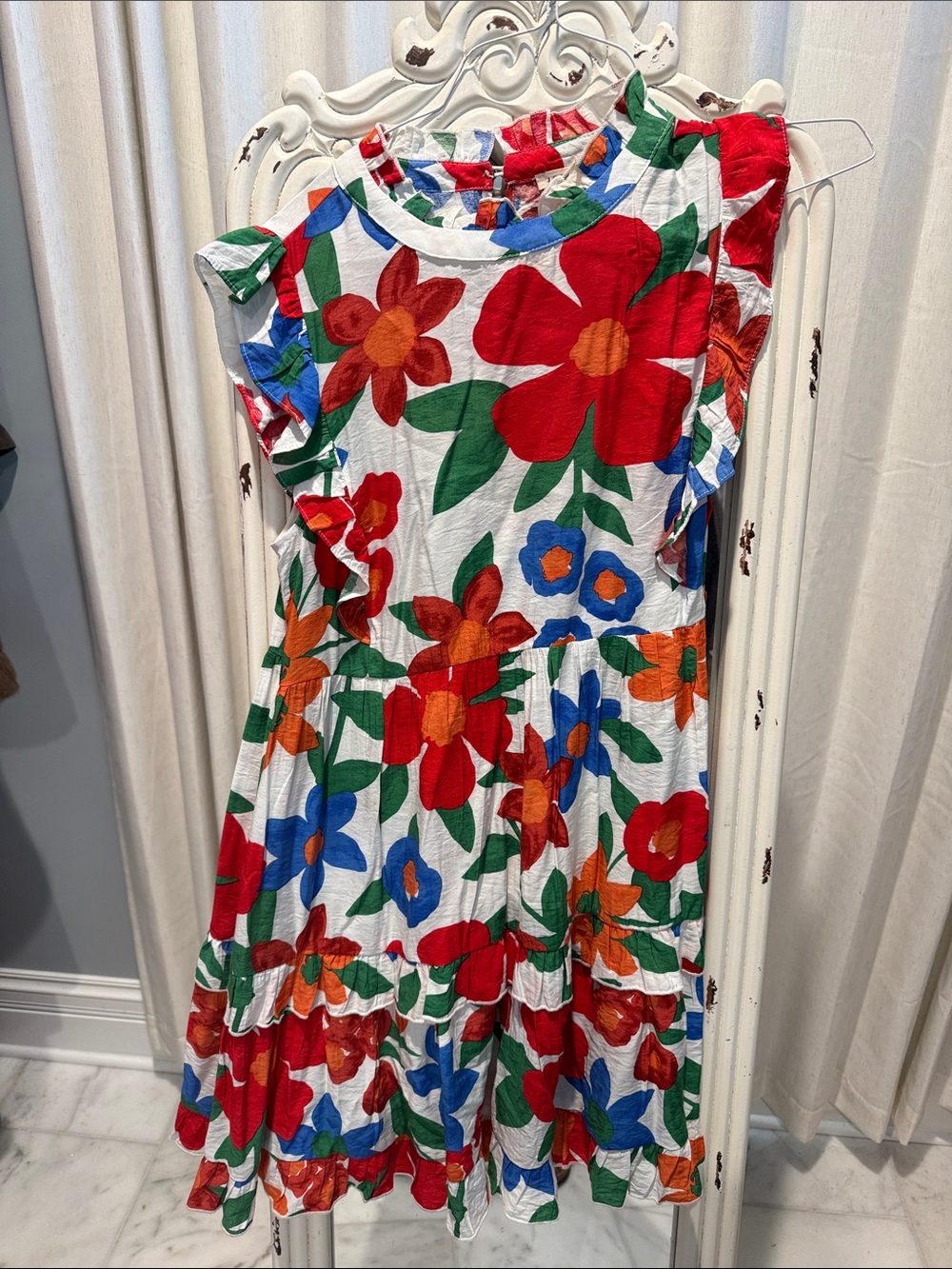JODIFL White Floral Ruffle Sleeve Dress with Red, Blue, Green, Orange Print
